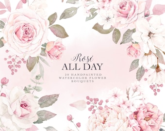 Aquarell Blumenstrauß Clipart, rosa Rose Hochzeitsdeko (digitaler Download)