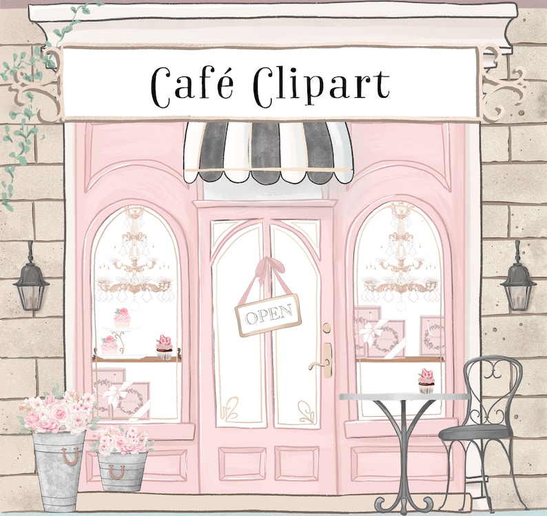 May include: A pink storefront with a sign that reads "Cafe Clipart". The storefront has a striped awning, two large windows, and a door with an "Open" sign. There are flowers in pots outside the storefront, and a table and chair are set up for outdoor seating.