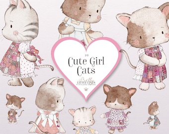 Könnte beinhalten: Ein Set mit 20 digitalen Illustrationen von süßen Katzenmädchen in Kleidern. Die Katzen sind in verschiedenen Posen und haben unterschiedliche Gesichtsausdrücke. Die Illustrationen sind im Aquarellstil gehalten und haben einen rosa und weißen Hintergrund.