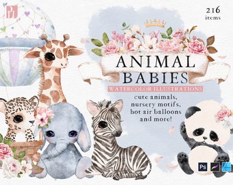 Safari Animal Clipart - Animal Babies Watercolor Clipart, Cute Animal Clipart, Giraffe, Elephant, Panda, Cheetah, Zebra, Digital Download