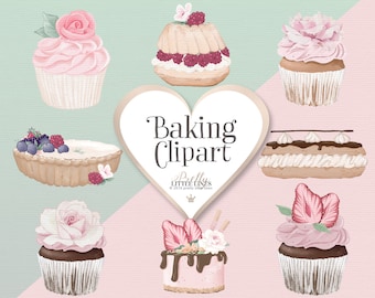 Op de afbeelding: Een set digitale illustraties van verschillende gebakssoorten, waaronder cupcakes, taarten, cakes en gebak. De illustraties zijn in aquarelstijl en tonen de kleuren roze, bruin en wit. De tekst "Baking Clipart" staat in het midden van de afbeelding.