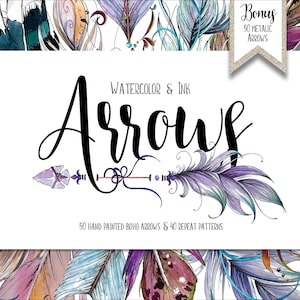 Boho Arrow Clipart | Hand painted watercolor and ink arrows, Digital Papers, Hand painted feathers perfect for stickers, planners, tattoos