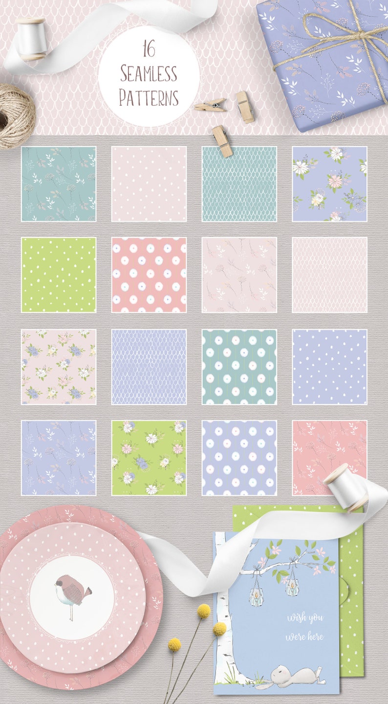 Imágenes prediseñadas de conejitos de primavera, osos, pájaros y flores (PNG, PDF) imagen 5