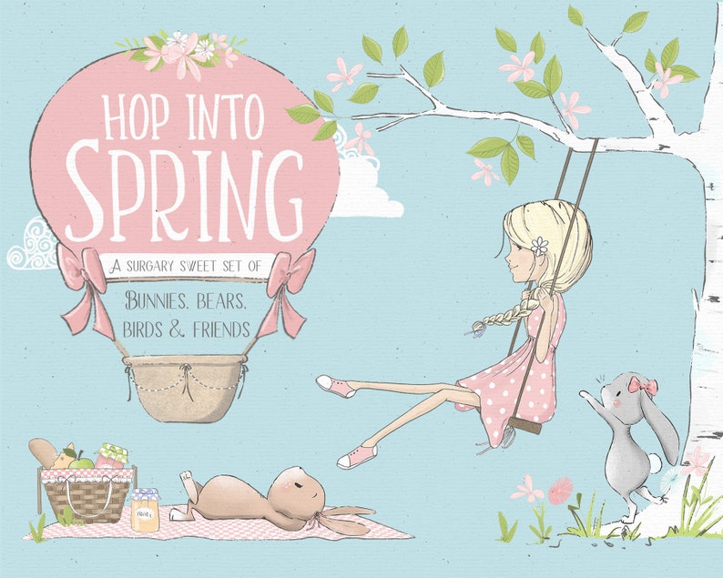 Puede incluir: Un globo aerost&aacute;tico rosa con el texto "HOP INTO SPRING" y "A SURGARY SWEET SET OF BUNNIES. BEARS. BIRDS & FRIENDS". Una ni&ntilde;a en un columpio con un conejito a su lado. Una cesta de picnic con fruta y un conejito tumbado en una manta.