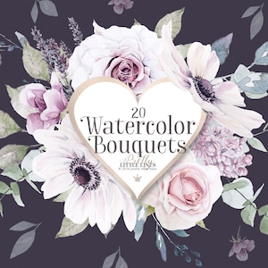 K&ouml;nnte beinhalten: Eine Aquarell-Illustration von 20 Blumenstr&auml;u&szlig;en in Rosa-, Wei&szlig;- und Lilat&ouml;nen. Die Blumen sind in Herzform angeordnet, mit dem Text "20 Watercolor Bouquets" in der Mitte. Der Text "Pretty Little Lines" befindet sich unter dem Herzen.