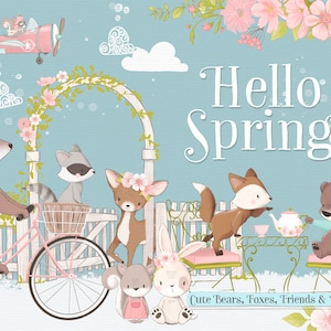 Hello Spring - Easter, Animals, Fox, Bear, Woodland, Kawaii, Spring, Squirrel, Raccoon, Bunny, Clipart, Scrapbooking, Digital, Decoration
