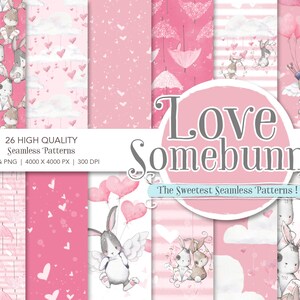 Valentine Digital Papers, 26 Seamless patterns full of hand drawn bunny clipart, hearts and umbrellas. Digital download pattern.