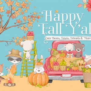 Happy Fall Yall Fall Clipart - Woodland Animals Clipart, kinderkamerdecoratie, feestartikelen, kleine babybeer, vos, konijntje, wasbeer, pompoen