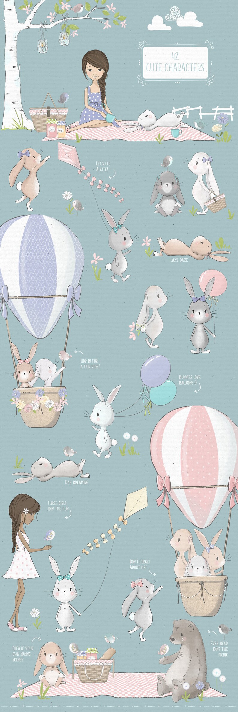 Imágenes prediseñadas de conejitos de primavera, osos, pájaros y flores (PNG, PDF) imagen 2