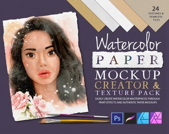 以下が含まれることがあります： 水彩画の芸術作品を作成するためのデジタルモックアップクリエイターとテクスチャパック。このパックには、24種類のシームレスな水彩紙テクスチャとタイルが含まれています。画像には、バラを持った女性の水彩画、筆、そして「Watercolor Paper Mockup Creator & Texture Pack」というテキストが表示されています。