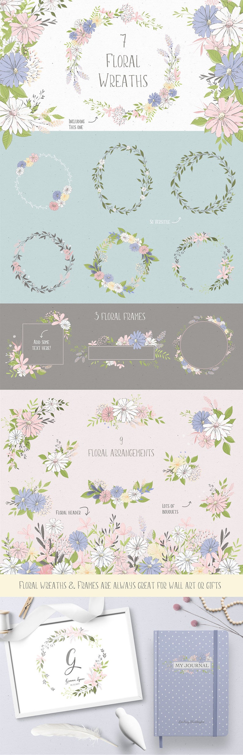 Puede incluir: Un conjunto de 7 coronas de flores, 3 marcos florales y 9 arreglos florales en colores pastel. Las coronas y los marcos son perfectos para agregar un toque de fantas&iacute;a a la decoraci&oacute;n de tu hogar o para crear regalos &uacute;nicos.