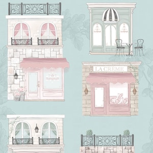 May include: A digital illustration of a building with three different storefronts. The building is made up of pink, white, and green brick. The storefronts have black wrought iron railings and awnings. The storefronts are labeled "La Creme".