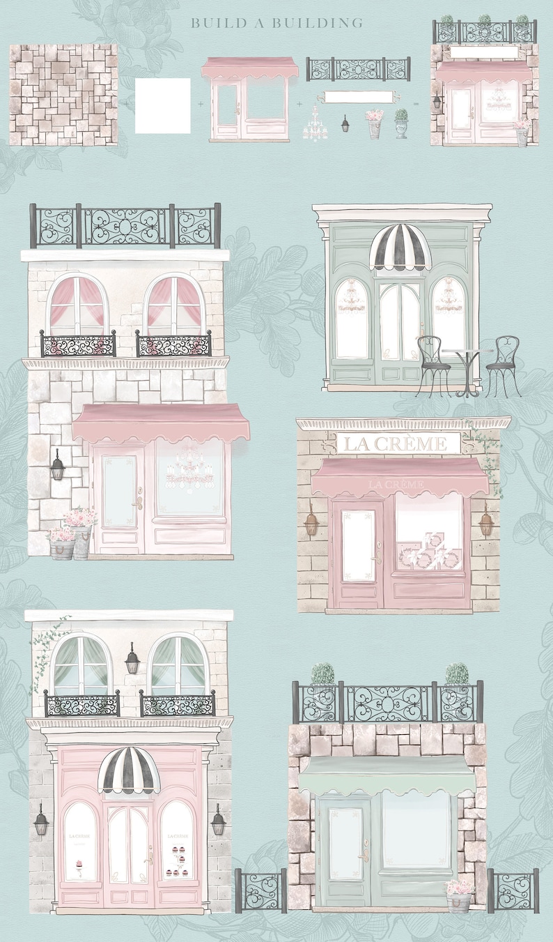 May include: A digital illustration of a building with three different storefronts. The building is made up of pink, white, and green brick. The storefronts have black wrought iron railings and awnings. The storefronts are labeled "La Creme".