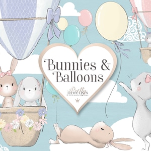 Coelhos e balões Spring Bunny Clipart - clipart de balão de ar quente, arte de berçário, adesivos de planejador, nuvem, balões, coelhinho do bebê png, páscoa