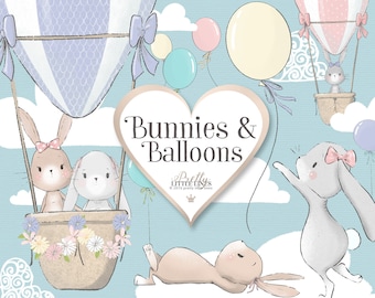 Bunnies and Balloons Spring Bunny Clipart - Hot Air Balloon clipart, nursery art, planner stickers, cloud, balloons, baby bunny png, easter