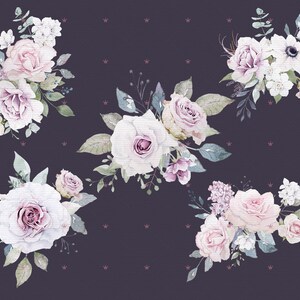 K&ouml;nnte beinhalten: Eine digitale Illustration von f&uuml;nf Str&auml;u&szlig;en mit rosa und wei&szlig;en Blumen mit gr&uuml;nen Bl&auml;ttern auf einem dunkelvioletten Hintergrund. Die Blumen sind in einem verspielten und romantischen Stil angeordnet.