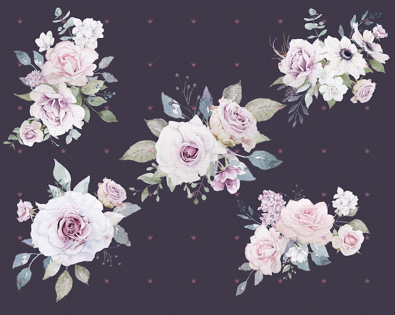 K&ouml;nnte beinhalten: Eine digitale Illustration von f&uuml;nf Str&auml;u&szlig;en mit rosa und wei&szlig;en Blumen mit gr&uuml;nen Bl&auml;ttern auf einem dunkelvioletten Hintergrund. Die Blumen sind in einem verspielten und romantischen Stil angeordnet.