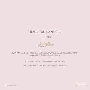 K&ouml;nnte beinhalten: Vielen Dank! Ich liebe dich. Eine niedliche Illustration eines braunen Kaninchens mit einem rosa Herzen. Der Text "by kris lauren" befindet sich unter dem Kaninchen. Der Text "JOIN MY MAIL LIST AND GET A FREE GOODIE BAG OF ILLUSTRATIONS! WWW.PRETTYLITTLELINES.COM" befindet sich unter dem Kaninchen. Der Text "FOLLOW ME ON INSTAGRAM @PRETTY.LITTLE.LINES AND SUBSCRIBE TO MY YOUTUBE CHANNEL, PLEASE :)" befindet sich unter dem Text. Der Text "WEBSITE www.prettylittlelines.com" befindet sich am unteren Rand des Bildes.