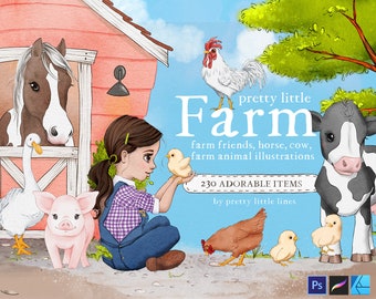 Farm Animal Clipart – Rustic Barn, Cow, Pig (Instant Download)