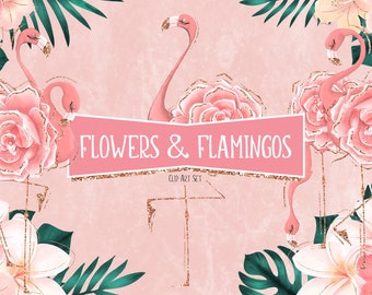 Flamingo & Flowers Clipart – Tropical PNG Set (Digital Download)