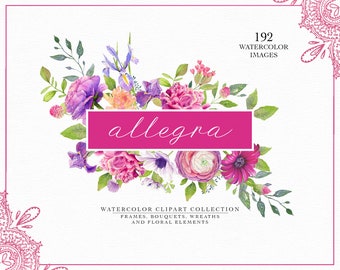 Pink Watercolor Flower Clipart Set, Bouquets, Wreaths (PNG)