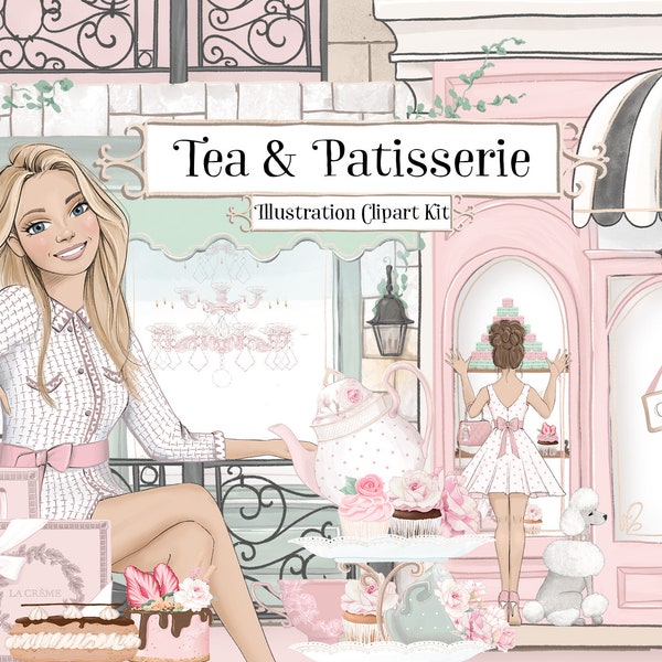 Tea Party Clipart Planner Girl Clipart Kit - Bakery clipart, cupcake clipart, teacups, tea pot, pastries, fashion girl clipart, cafe clipart