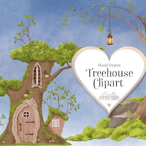 Nyckfull trädkoja akvarell Clipart - Fairy House PNG (digital nedladdning)