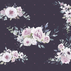 K&ouml;nnte beinhalten: Eine digitale Illustration von f&uuml;nf Str&auml;u&szlig;en mit rosa und wei&szlig;en Blumen auf einem dunkelvioletten Hintergrund. Die Blumen sind in einem verspielten, romantischen Stil angeordnet.