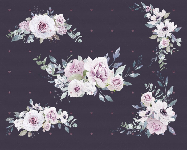 K&ouml;nnte beinhalten: Eine digitale Illustration von f&uuml;nf Str&auml;u&szlig;en mit rosa und wei&szlig;en Blumen auf einem dunkelvioletten Hintergrund. Die Blumen sind in einem verspielten, romantischen Stil angeordnet.