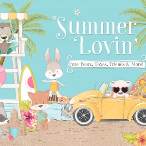 Summer Clipart - Summer Lovin Cute Bear Clipart, Beach Clipart.  Surfboard Clipart, Tropical Flower Clipart, Sea Shells, Beach Backgrounds,