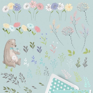 Puede incluir: Un conjunto de 69 elementos florales individuales con fondos transparentes. Los elementos incluyen flores, hojas, ramas y un p&aacute;jaro. El conjunto tambi&eacute;n incluye una plantilla de invitaci&oacute;n con una ni&ntilde;a en un columpio y un conejito.