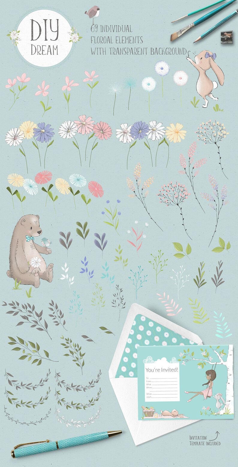 Puede incluir: Un conjunto de 69 elementos florales individuales con fondos transparentes. Los elementos incluyen flores, hojas, ramas y un p&aacute;jaro. El conjunto tambi&eacute;n incluye una plantilla de invitaci&oacute;n con una ni&ntilde;a en un columpio y un conejito.