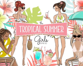 Tropical Fashion Girls Clipart – Summer Planner Graphics (PNG)