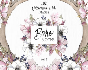 Boho Clipart - Flower Clipart, Boho Floral Wreaths, Floral Bouquets, Invitation Templates, Floral Borders perfect for DIY wedding invites