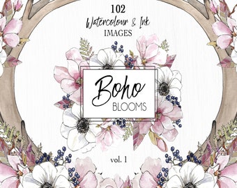 Boho Watercolor Flower Clipart – Floral Wreaths, Bouquets (Digital Download)
