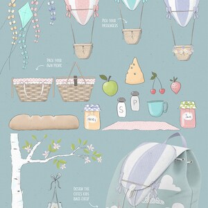 Puede incluir: Un conjunto de 37 elementos de escena DIY con fondos transparentes. Los elementos incluyen globos aerost&aacute;ticos, cometas, un oso polar, una cesta de picnic, un &aacute;rbol, una mochila y un conjunto de marcos. Los elementos est&aacute;n dibujados en un estilo caprichoso con colores pastel.