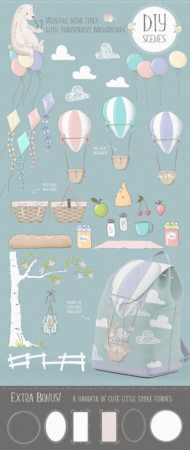 Puede incluir: Un conjunto de 37 elementos de escena DIY con fondos transparentes. Los elementos incluyen globos aerost&aacute;ticos, cometas, un oso polar, una cesta de picnic, un &aacute;rbol, una mochila y un conjunto de marcos. Los elementos est&aacute;n dibujados en un estilo caprichoso con colores pastel.