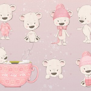 May include: A set of seven illustrations of cute polar bears wearing winter clothing. The bears are wearing pink hats, scarves, and sweaters. One bear is sitting in a pink mug with a steaming drink. The illustrations are on a pink background with white snowflakes.