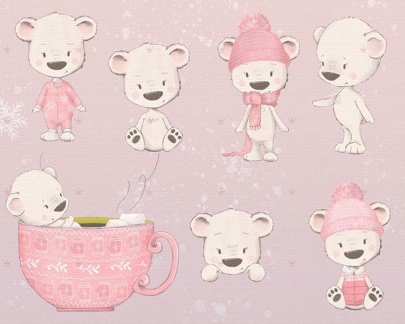 May include: A set of seven illustrations of cute polar bears wearing winter clothing. The bears are wearing pink hats, scarves, and sweaters. One bear is sitting in a pink mug with a steaming drink. The illustrations are on a pink background with white snowflakes.
