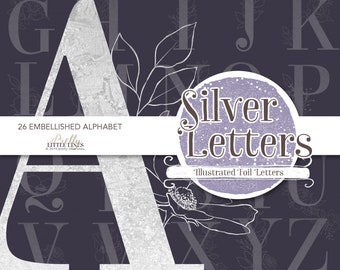 Alphabet PNG Clipart / Silver Floral Letters Clipart / Silver Letter Floral Alphabet / Complete Silver Foil Alphabet Clipart Collection