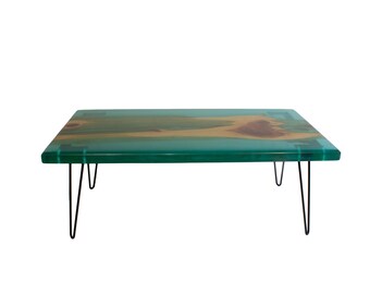 Mesa Live Edge Epoxy River con estante de almacenamiento opcional / Mesa de sala de estar de madera personalizada y epoxi / Mesa de centro de resina con madera