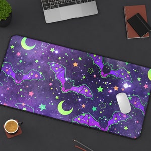 Bat Desk Mat (3 sizes), Bat Mousepad, Starry Night Desk Mat, Halloween Office Decor, Oddities Decor, Moon Mousepad, Starry Night Mousepad