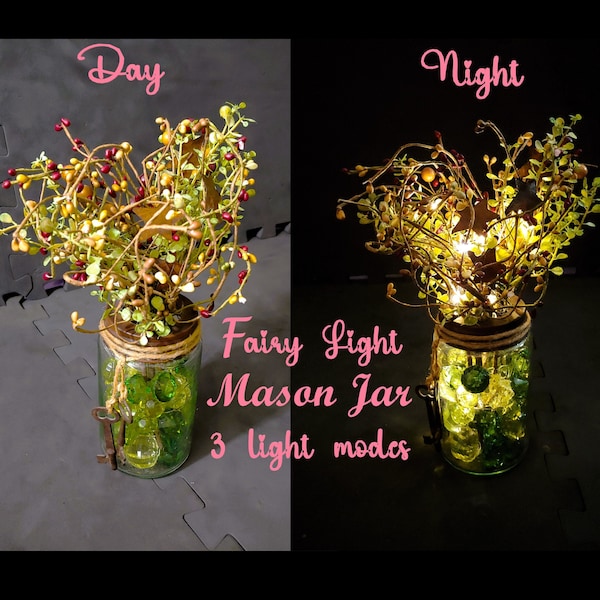 Lighted Mason Jar Centerpiece, Crackled Mason Jar Decor, Rustic Mason Jar Decor, Floral Mason Jar Decor, Fairy Light Lamp, Mason Jar Lamp