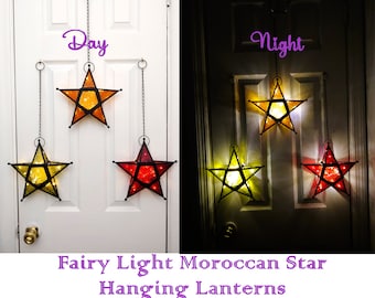 Moroccan Star Fairy Lanterns, 10" Hanging Star Lanterns, Fairy Light Lanterns, Moroccan Glass Stars, Hanging Star Lights, Moroccan Decor