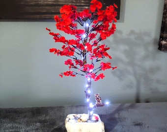 Handmade Red Cherry Blossom Bonsai Tree - Faux Bonsai, Mini Flowering Tree, Lighted Cherry Blossom Tree, Mini Tree, Bonsai Art, Nature Art