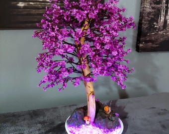 Handmade Purple Cherry Blossom Bonsai Tree - Mini Flowering Tree, Faux Bonsai, Mini Cherry Blossom Tree, Flowering Bonsai, Lighted Mini Tree
