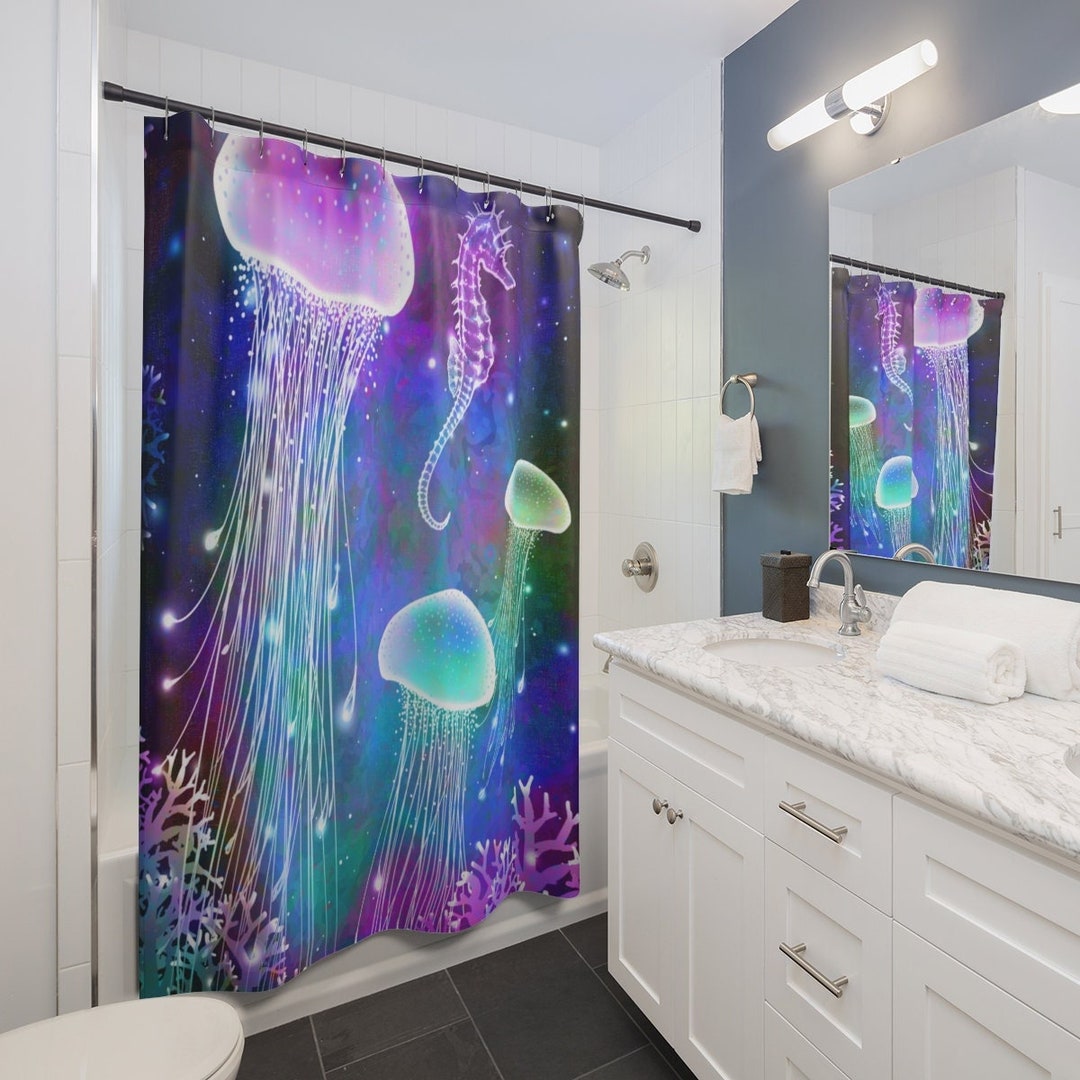 Jellyfish Shower Curtain, Seahorse Shower Curtain, Ocean Shower Curtain, Jellyfish Decor, Beach