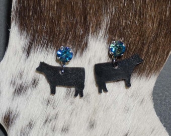 Pendientes de piedras preciosas de cuero de vaca Angus negro