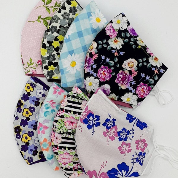 Floral collection face masks.  Triple layers cotton with nose wire.  Adjustable ear straps.