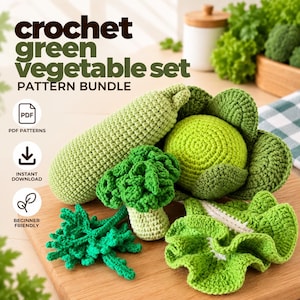 Op de afbeelding: Een haakpatroonbundel voor een set groene groenten met een PDF-pictogram, download-pictogram en beginnersvriendelijk pictogram. De set bevat een lichtgroene komkommer, een felgroene broccoliroos, een ronde kool en een groene slabladeren.
